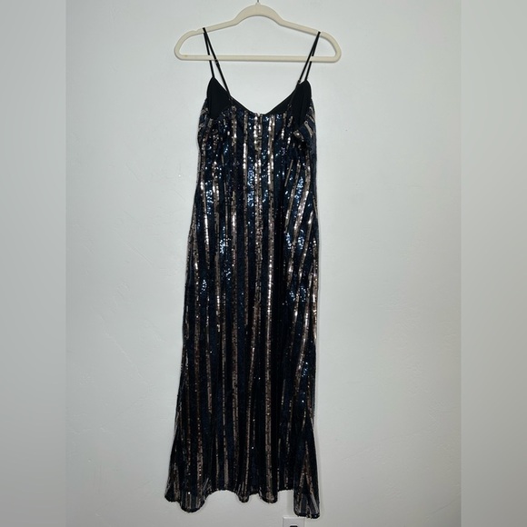 NWT Maeve Sequin Midi Slip Dress Vertical Stripe Navy Silver Black Size Small - Picture 5 of 12